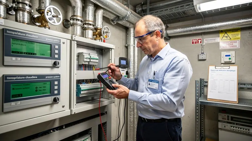 Auditeur énergétique effectuant des mesures de vérification sur un système de chauffage biomasse