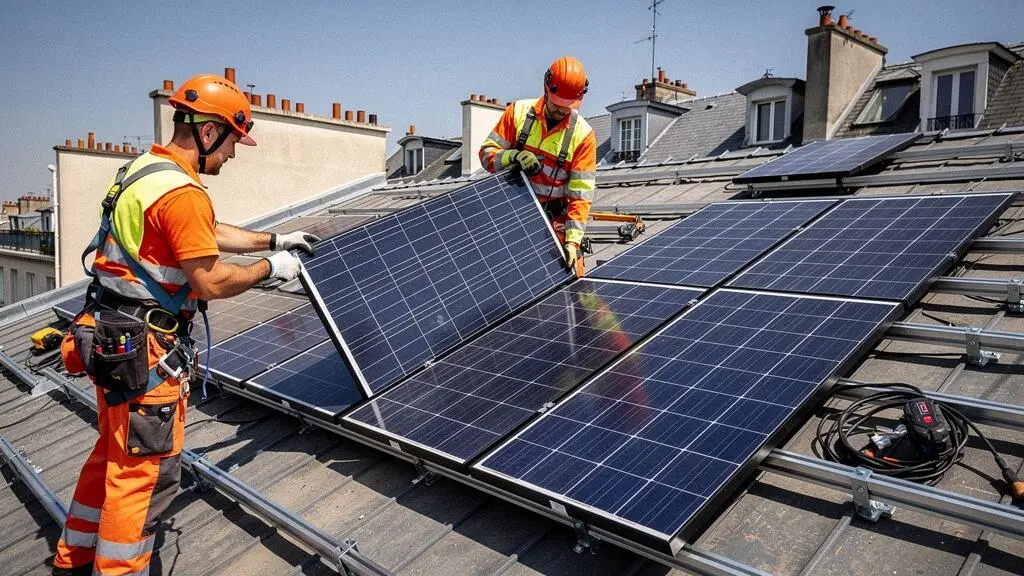 Deux techniciens installant des panneaux photovoltaïques sur une toiture de bâtiment résidentiel