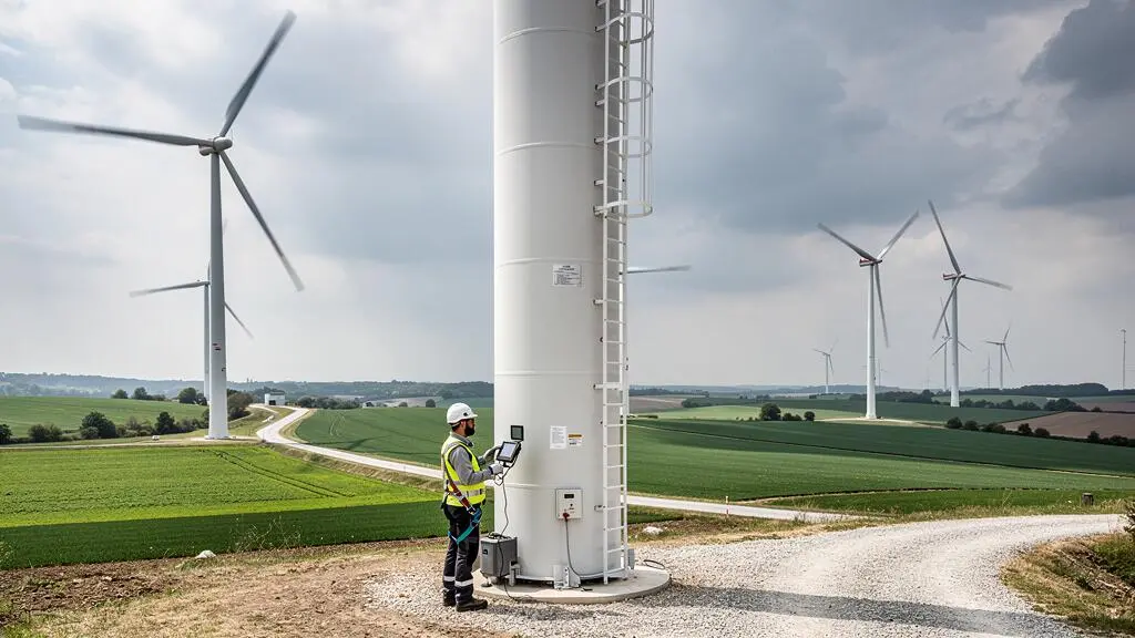 Parc éolien terrestre en fonctionnement avec technicien effectuant une inspection au pied d'une éolienne
